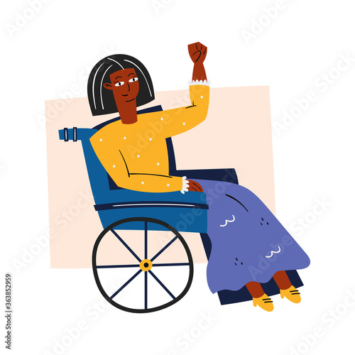 Afro American disabled woman in a wheelchair. Invalid. Dark skin color. Human rights. Flat vector illustration, icon, sticker. Isolated on white background.