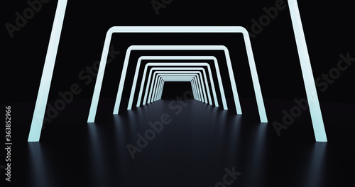 Abstract background, tunnel of glowing arcs. 3D render. photo