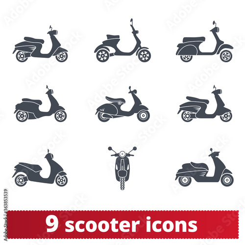 Scooter and moped vector icons. Various type of simple motorcycle illustrations isolated on white background. Motor scooters pictogram collection.