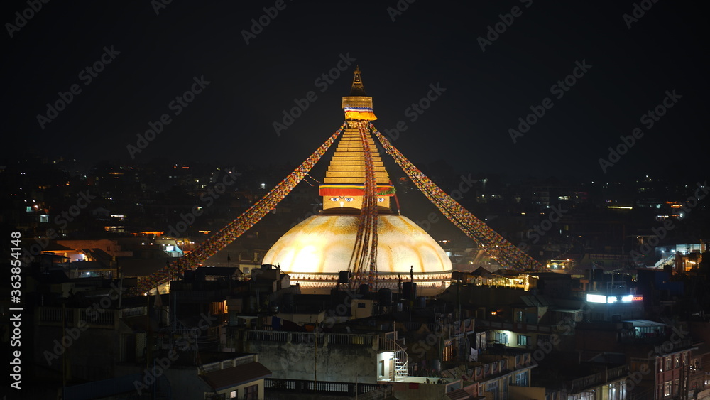 Nighttime View of Boudhanath Stupa in Nepal