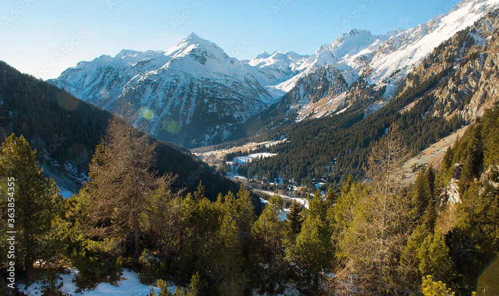 A view of the snowy peaks of the Italian Alps from a height of 2500 meters above the sea