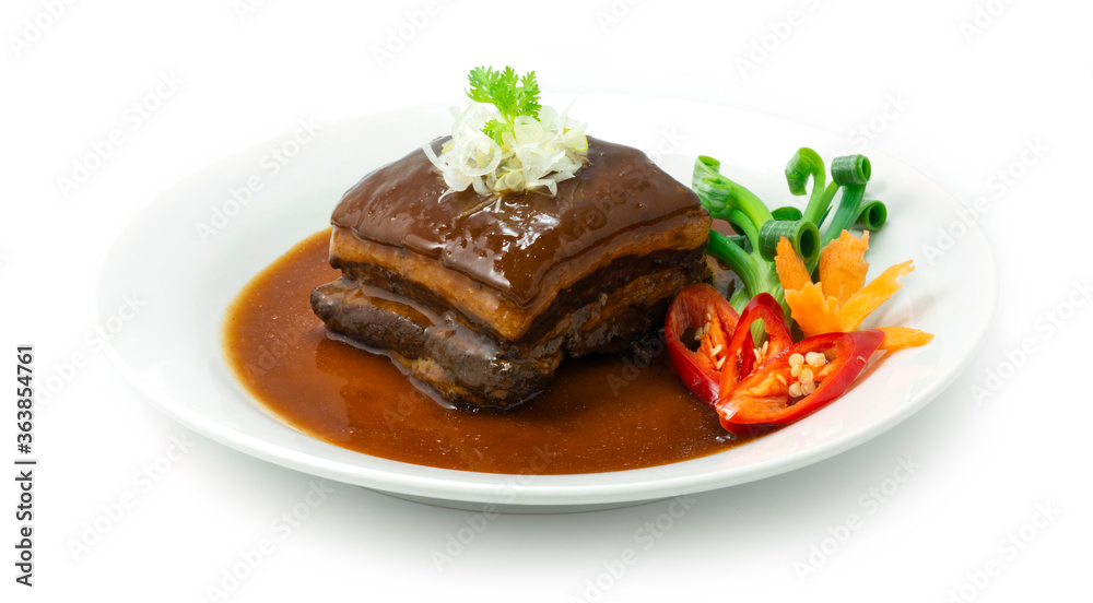 Belly in Brown Sauce ontop onion bunching cutlet slice Taiwanese Asian food Belly in Brown Sauce ontop onion bunching cutlet slice Taiwanese Asian food