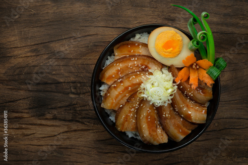 Chashu Don Rice with boiled Pork in brown sauce recipe served Egg