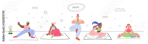 Beautiful young people doing yoga and fitness at home. Stay home illustration in cartoon style. The concept of a healthy lifestyle and sport. Fears of getting coronavirus.