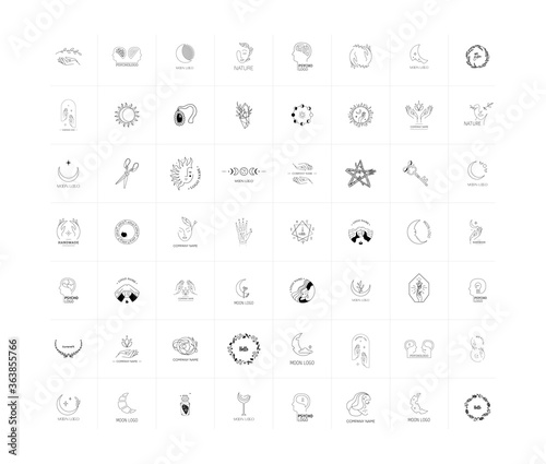 Large set of logos in a linear style. Refined logos for women’s business, beauty and health industries. Black and white images of female faces, hands, flowers and magic items.