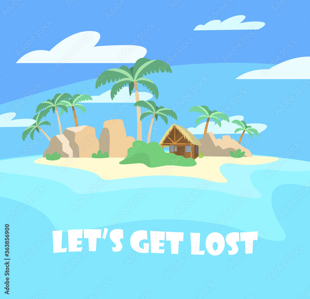 Vector illustration of lost island with wooden hut, rocks and palms. Island in the ocean. Summer postcard.