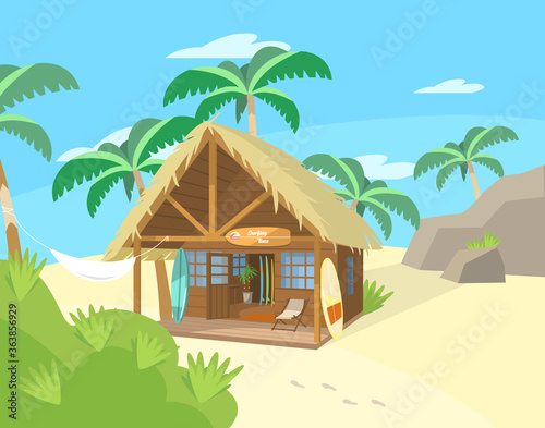Vector cartoon illustration of wooden hut on tropical iseland. Surfer beach hut. Surf boards. Hammock palm trees.