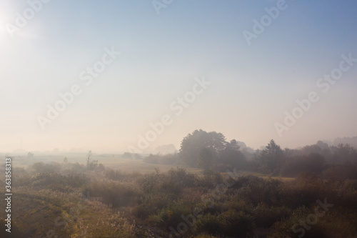 Autumn weather. Dense Fog in the field