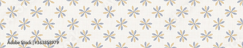 Seamless flower border pattern in french blue linen shabby chic style. Hand drawn floral damask texture. Old white blue background. Interior home decor edge bordure. Ornate flourish motif ribbon trim.