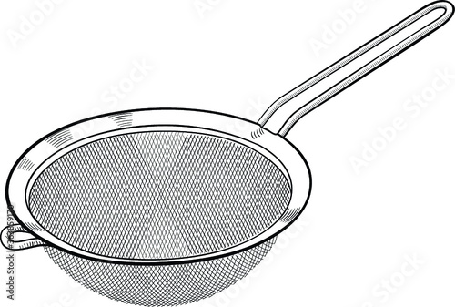 Metallic strainer kitchen utensil. Isolated vector illustration on white background.