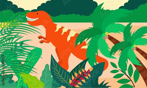 The landscape of ancient animals and prehistoric nature - volcano, lava, smoky, green grass, rock cliffs, rivers, barren lands. prehistoric illustration / prehistoric forest