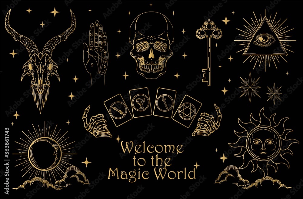 Set of magic symbols and esoteric signs included skull, occult, mystical  and spiritual symbols in gold colour on black background. Vector  illustration. Stock Vector | Adobe Stock