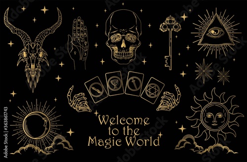 Set of magic symbols and esoteric signs included skull, occult, mystical and spiritual symbols in gold colour on black background. Vector illustration. 