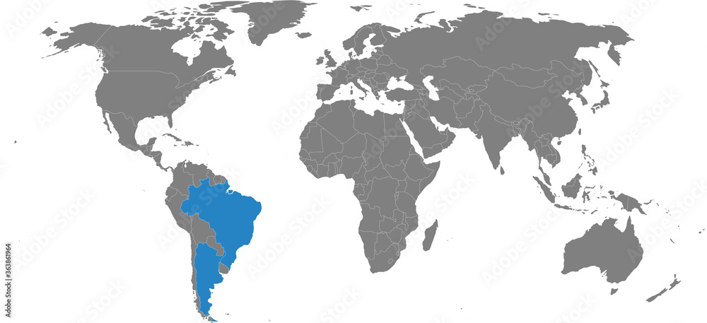 Argentina, brazil countries isolated on world map. Gray background. Business concepts, travel and transport relations.
