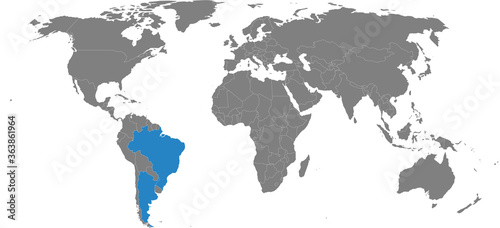 Argentina  brazil countries isolated on world map. Gray background. Business concepts  travel and transport relations.