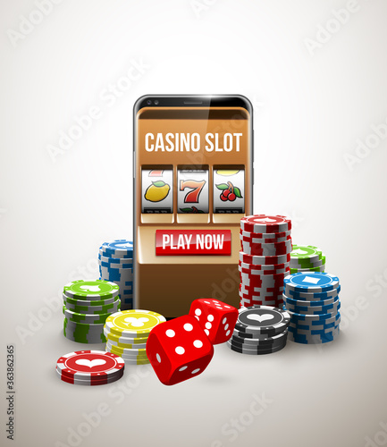 big win illustration Online Jackpot casino Slot machine banner in mobile phone. Chips, playing card, dice. Marketing Luxury Banner Jackpot Online Casino game Slot-machine in Smartphone play now poster