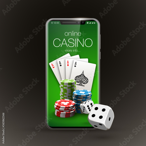 Vector illustration Online Poker casino banner with a mobile phone, chips, playing cards and dice. Marketing Luxury Banner Jackpot Online Casino with New model Smartphone. Empty advertising poster.