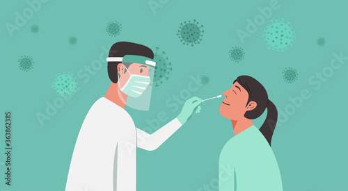 medical professional or doctor doing Covid-19 or Coronavirus test or DNA test to a young woman with nasal swab probe