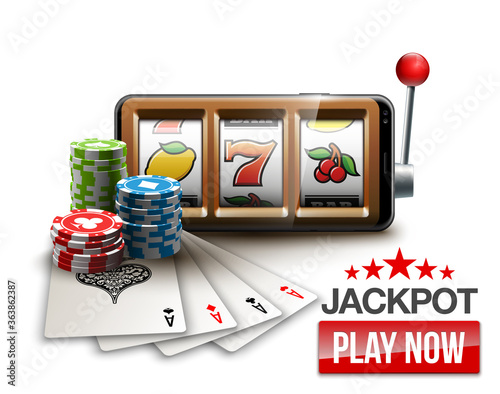big win illustration Online Jackpot casino Slot machine banner in mobile phone. Chips, playing card, dice. Marketing Luxury Banner Jackpot Online Casino game Slot-machine in Smartphone play now poster
