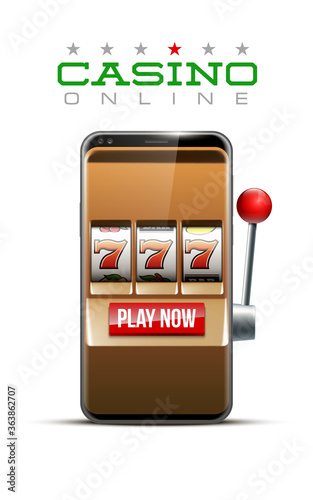 Illustration banner of mobile online casino application with 777 big win slot machine. Realistic advertising poster with online mobile app casino and Jackpot 777. Play now in One Armed Bandit banner