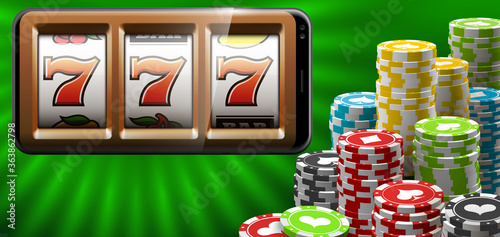 Illustration banner of mobile online casino application with 777 big win slot machine. Realistic advertising poster with online mobile app casino and Jackpot 777. Play now in One Armed Bandit banner