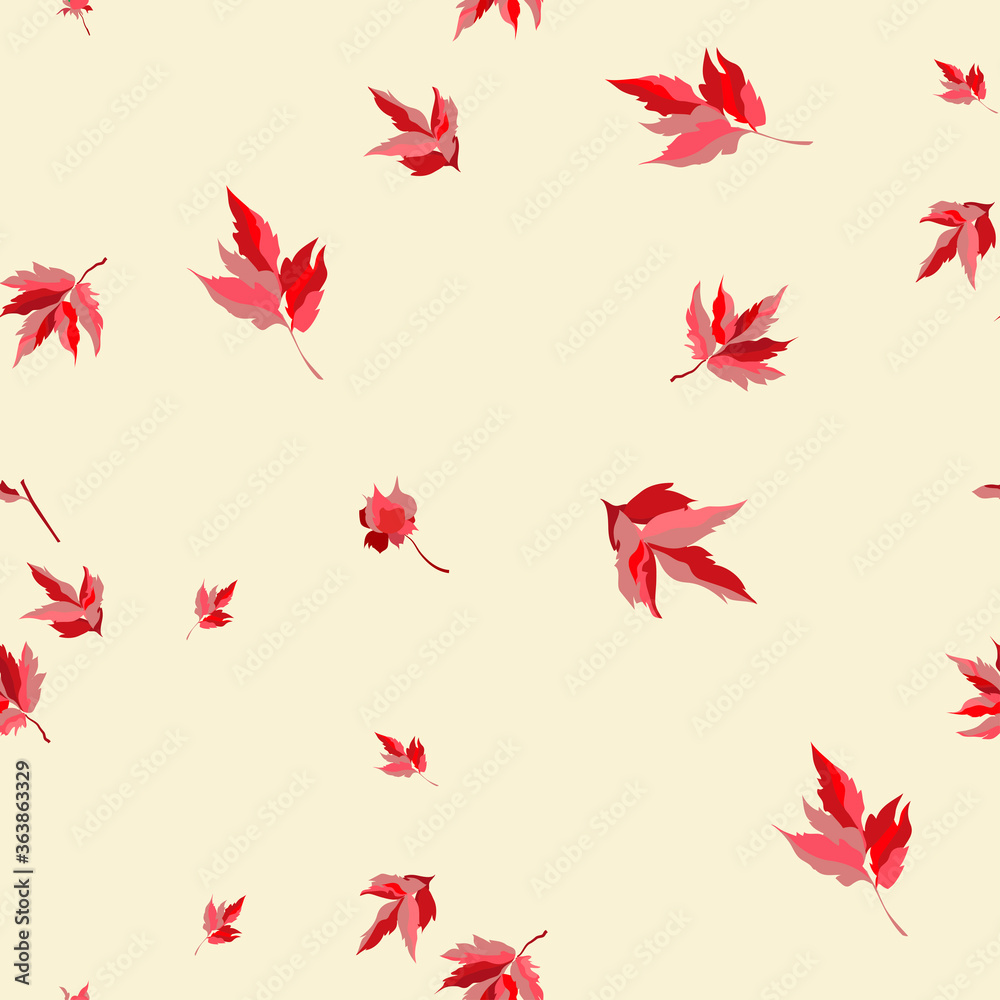 Seamless pattern depicting the falling autumn red leaves. Vector illustration.