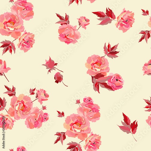 Seamless pattern with the image of delicate red flowers and leaves of roses on a beige background. Vector illustration.