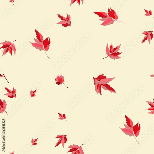Seamless pattern depicting the falling autumn red leaves. Vector illustration.