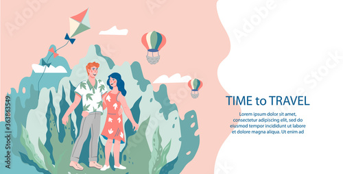 Time to travel and couple vacations web banner template with young tourists man and woman traveling together. Summer traveling and tourism for two concept, flat vector illustration.