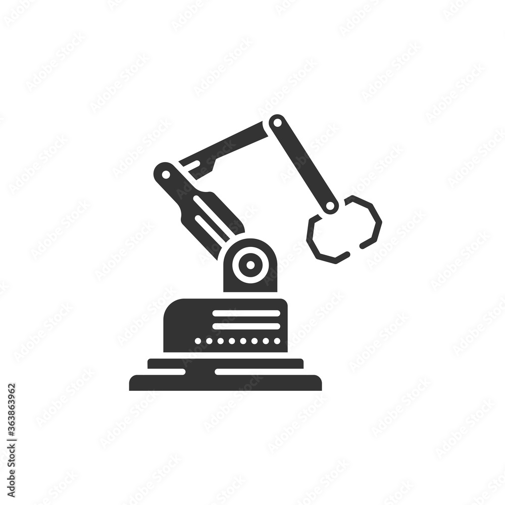 Industrial robot black glyph icon. Smart manufacturing. Innovation in technology. Sign for web page, app. UI UX GUI design element. Industrial robot black glyph icon. Smart manufacturing. Innovation in technology. Sign for web page, app. UI UX GUI design element.