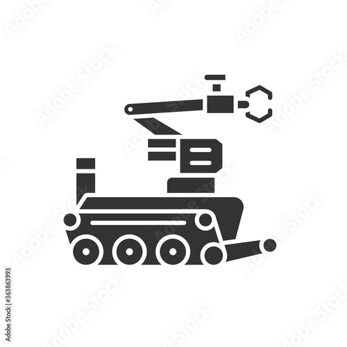 Military robot black glyph icon. Bomb-disposal robot or explosive ordnance disposal EOD. Innovation in technology. Sign for web page, app. UI UX GUI design element.
