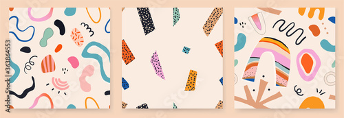 Set of three seamless colorful summer patterns. Hand drawn trendy abstract illustrations. Creative collage seamless patterns. 