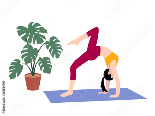 Beautiful simple flat vector of a young slim woman exercising yoga. Bridge pose.
