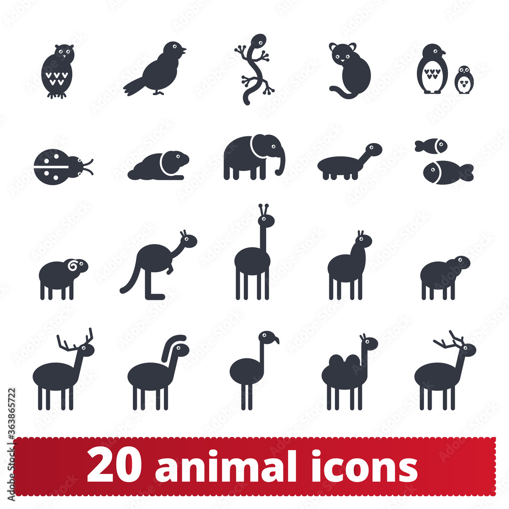 Obraz premium Animal icons. Cartoon zoo illustration collection. Vector set of simple silhouettes of wildlife animas, birds, insects, birds and domestic pets. Isolated on white background.