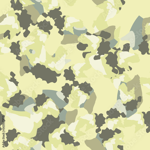 Spring camouflage of various shades of grey, blue and green colors