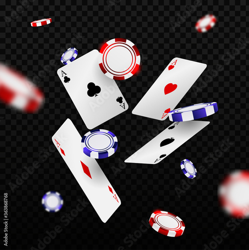 Falling casino chips and aces with blurred elements. Playing cards and poker chips fly casino.