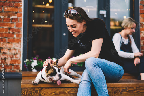 Slika na platnu Young beautiful smiling woman having fun with adorable dog while spending leisure time at urban setting