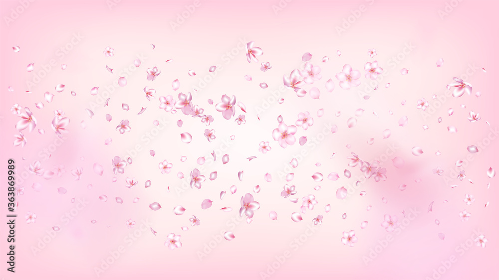 Nice Sakura Blossom Isolated Vector. Tender Flying 3d Petals Wedding Design. Japanese Nature Flowers Wallpaper. Valentine, Mother's Day Watercolor Nice Sakura Blossom Isolated on Rose
