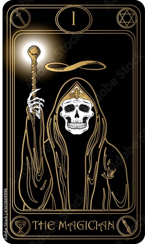 The Magician. The 1st card of Major arcana black and gold tarot cards. Vector hand drawn illustration with skulls, occult, mystical and esoteric symbols.