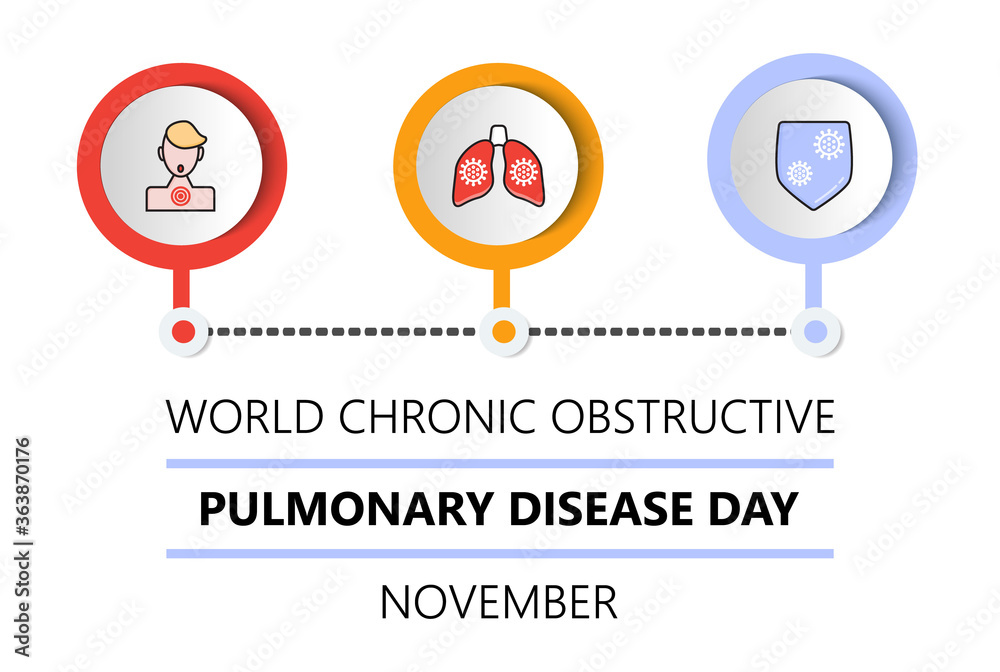 World Chronic Obstructive Pulmonary Disease Day or COPD is celebrated on the third Wednesday of November. Promotion health info-graphic banner, illustration for web. Lungs, doctor, shield icon. World Chronic Obstructive Pulmonary Disease Day or COPD is celebrated on the third Wednesday of November. Promotion health info-graphic banner, illustration for web. Lungs, doctor, shield icon.