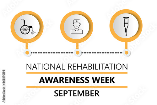 National rehabilitation awareness week is celebrated in September. Wheelchair, crutches, walkers are icons are shown. Promotion medical banner for web, clinics.