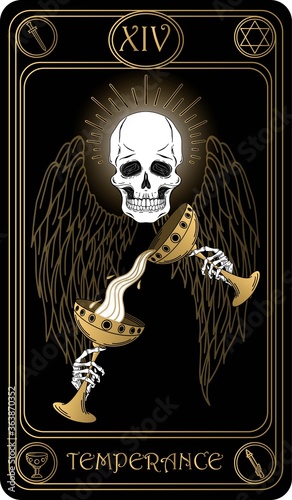 Temperance. The 14th card of Major arcana black and gold tarot cards. Vector hand drawn illustration with skulls, occult, mystical and esoteric symbols.