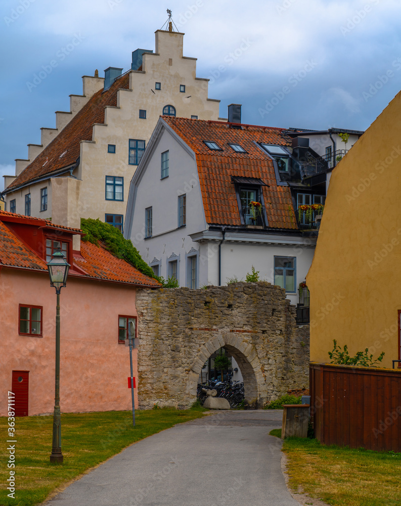 Ancient houses in Visby. Photo of medieval architecture. Sweden. Gotland.