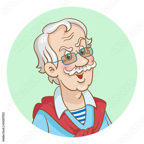 Portrait of an elderly man in glasses. Avatar icon in the circle. Isolated on white background. In cartoon style. Vector illustration