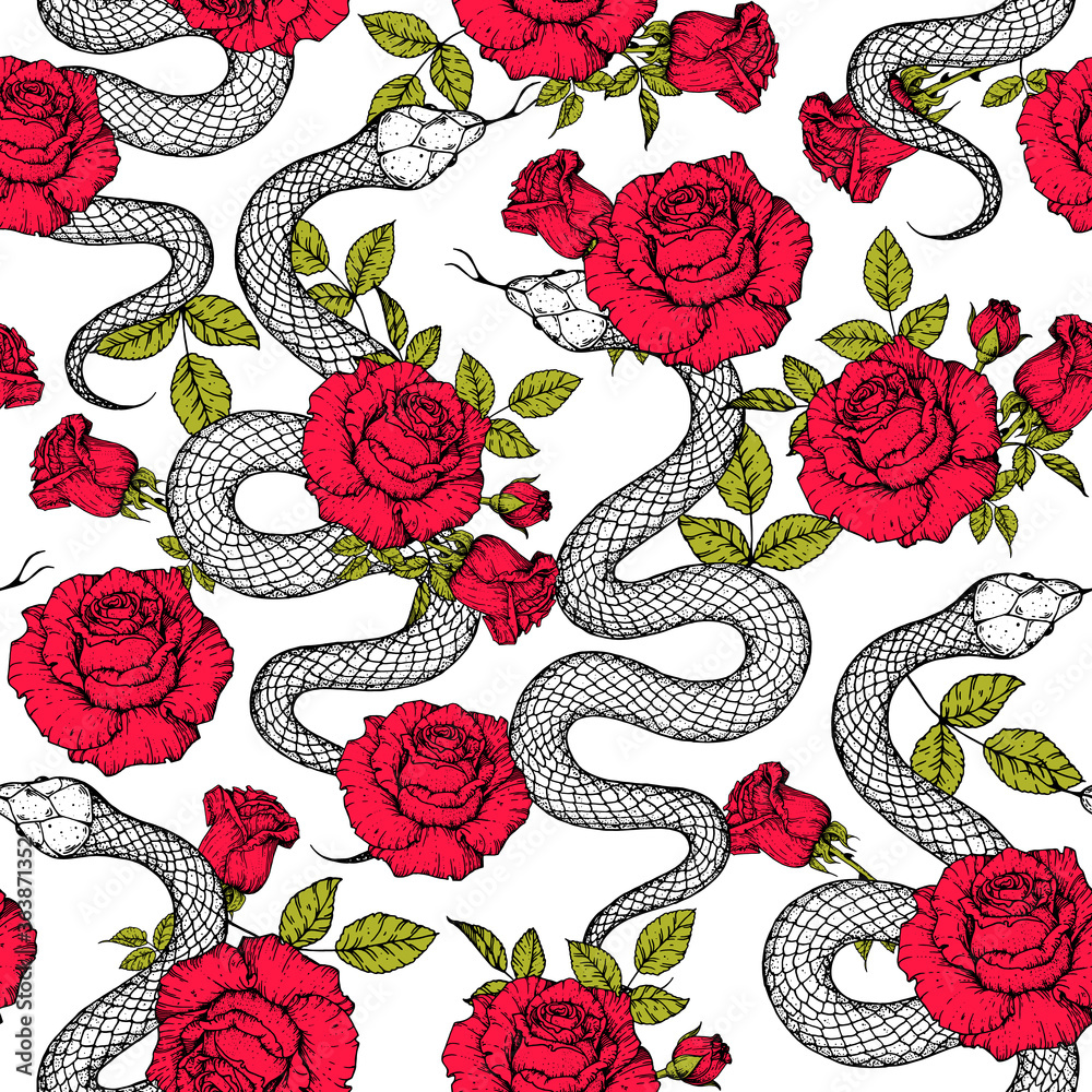 Snake and roses seamless pattern. Vector illustration. Hand drawn illustration for t-shirt print, fabric and other uses.