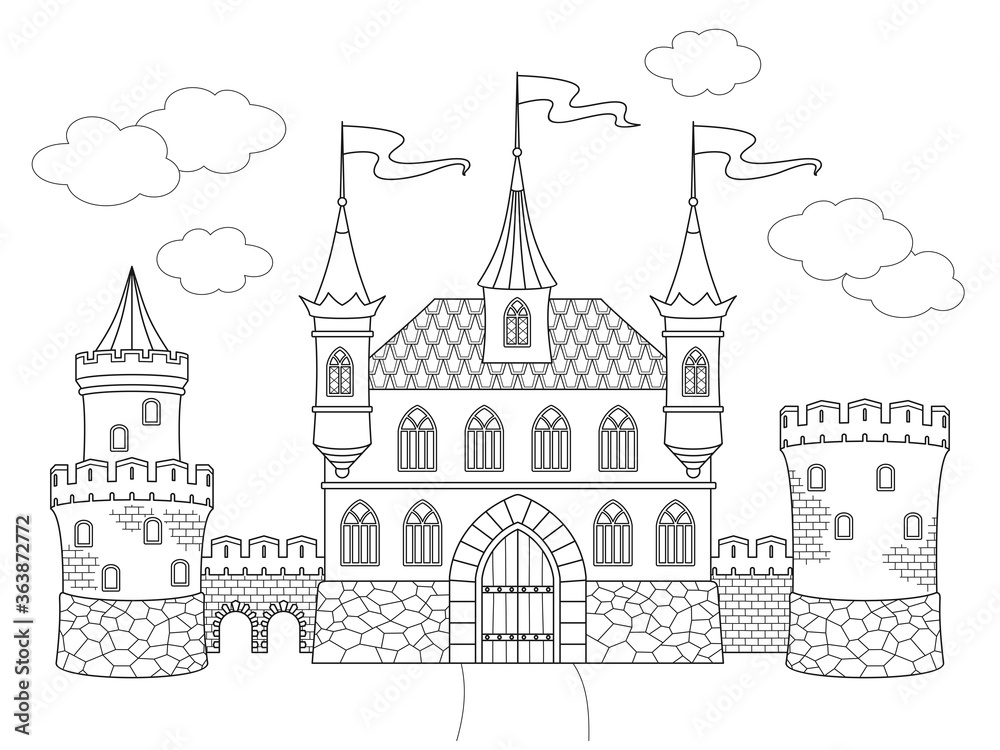 Coloring page with castle with brick towers, ornamental windows and flying flags on conical roofs. Black and white vector design template for kids coloring book, print. Entertainment and recreation