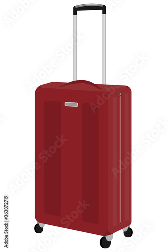 Large suitcase on wheels with a handle. Red bag for travel and tourism. Isolated on white. Vector in a flat style. The suitcase is a transformer.
