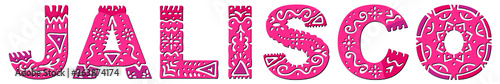 Jalisco. Red isolated inscription with national ethnic ornament. Patterned Mexican Jalisco for print, clothing, t-shirt, souvenir, poster, banner, flyer, card, advertising. Stock vector picture.