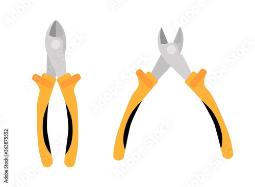 Open and closed yellow side cutters. wire cutters isolated on white background, flat vector illustration