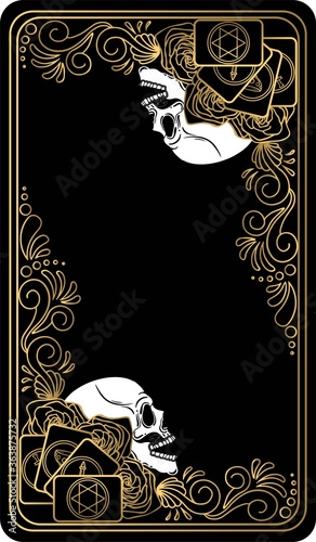 Black and gold tarot cards. The reverse side. Vector hand drawn illustration with skulls, occult, mystical and esoteric symbols.